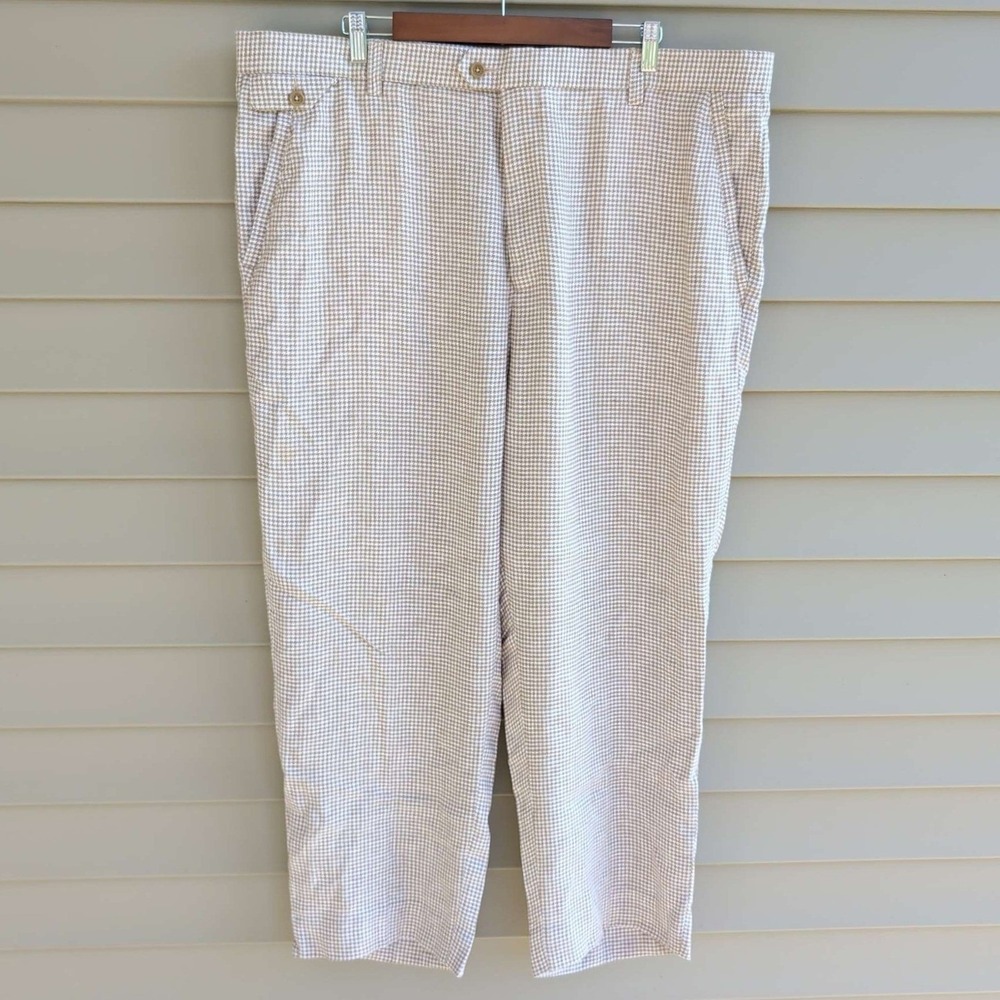 Stacy Adams Linen Dress Pants Mens 44x32 Tan White Houndstooth Flat Front Slacks